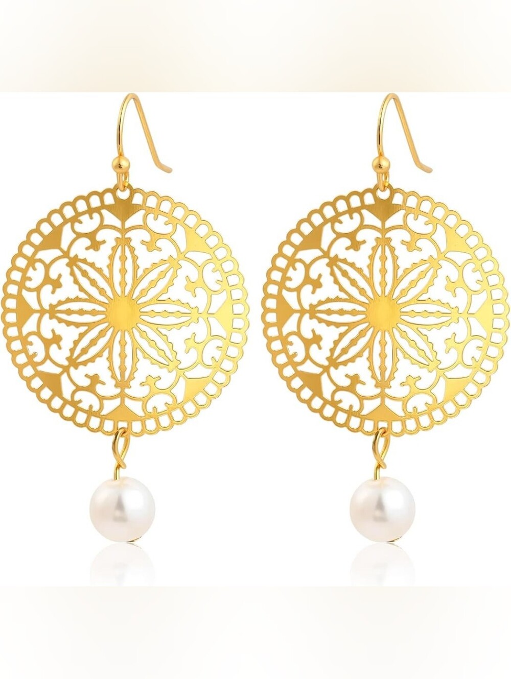 14K Gold Plated Filigree White Pearl Circle Disc Pearl Dangle Drop Lightweight